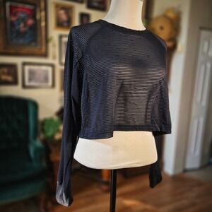 Mono B Mesh Crop Top Black Sheer Long Sleeve Striped Activewear Workout Shirt M